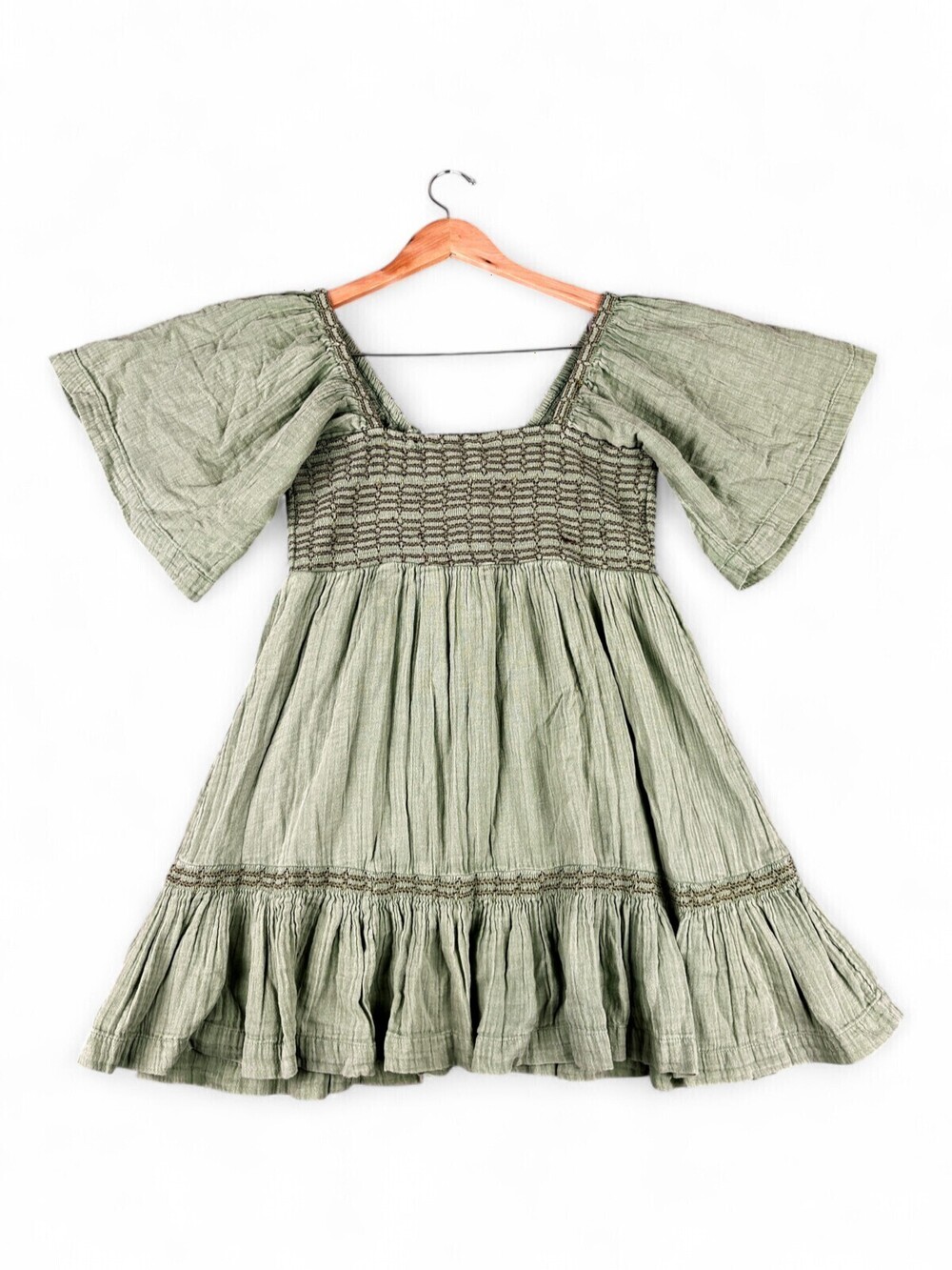 Free People Smocked Midi Dress Sage Green Boho Size M
